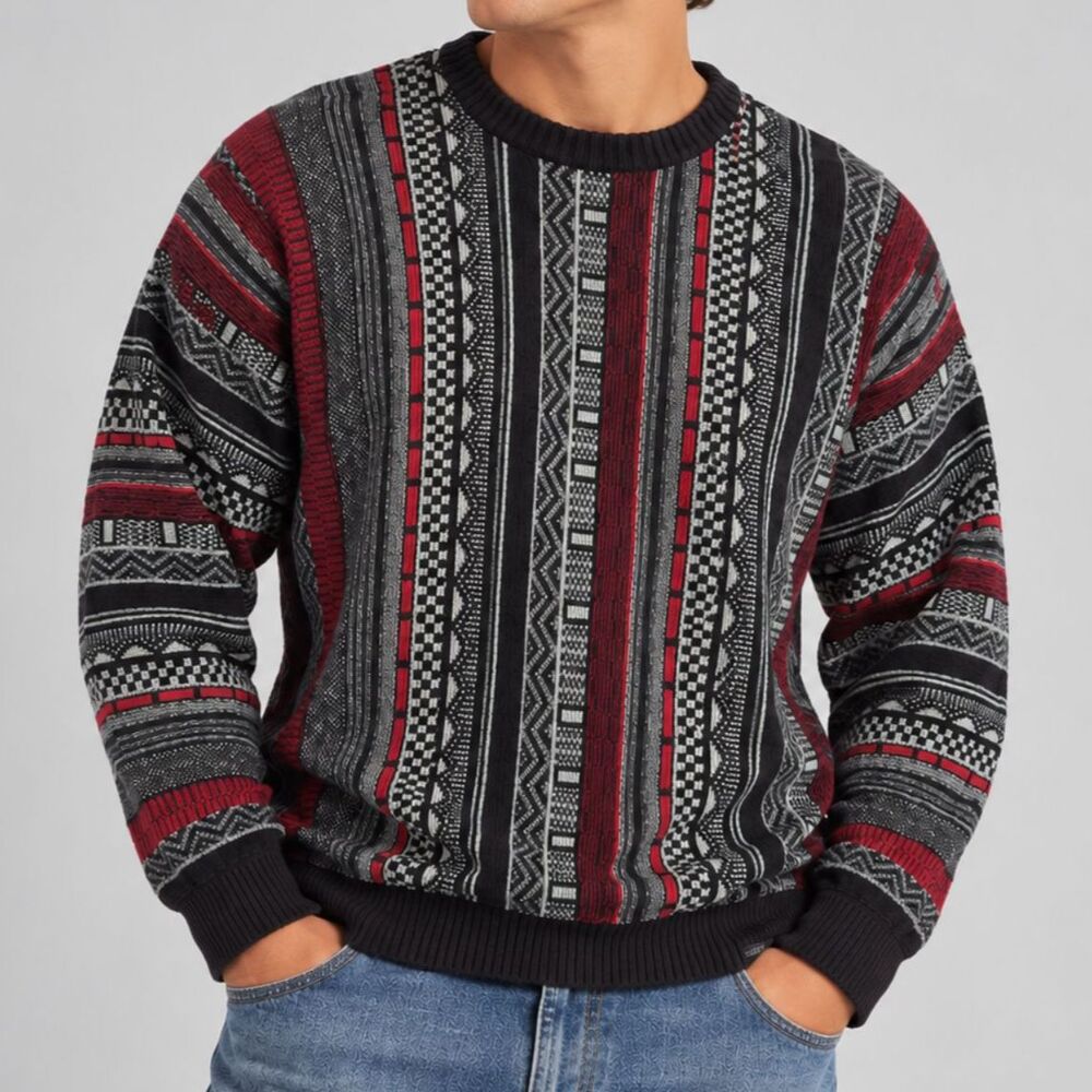 Hollister Men’s Large Geometric Striped Crewneck Sweater Red Gray Black Cotton